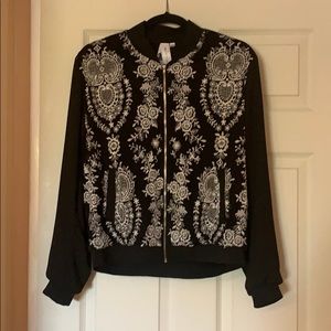 Black Bomber Jacket w/ White Embroidered Design